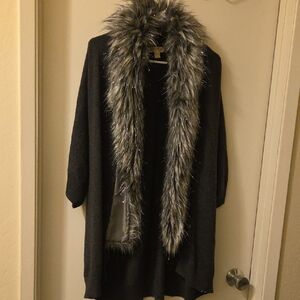 Michael Kors Charcoal Cardigan with Faux Fur Trim